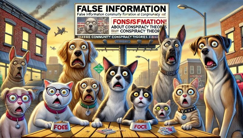 impact-of-misinformation-with-a-mix-of-scared-and-confused-dogs-and-cats-in-a-neighborhood-setting.-The-pets-look-