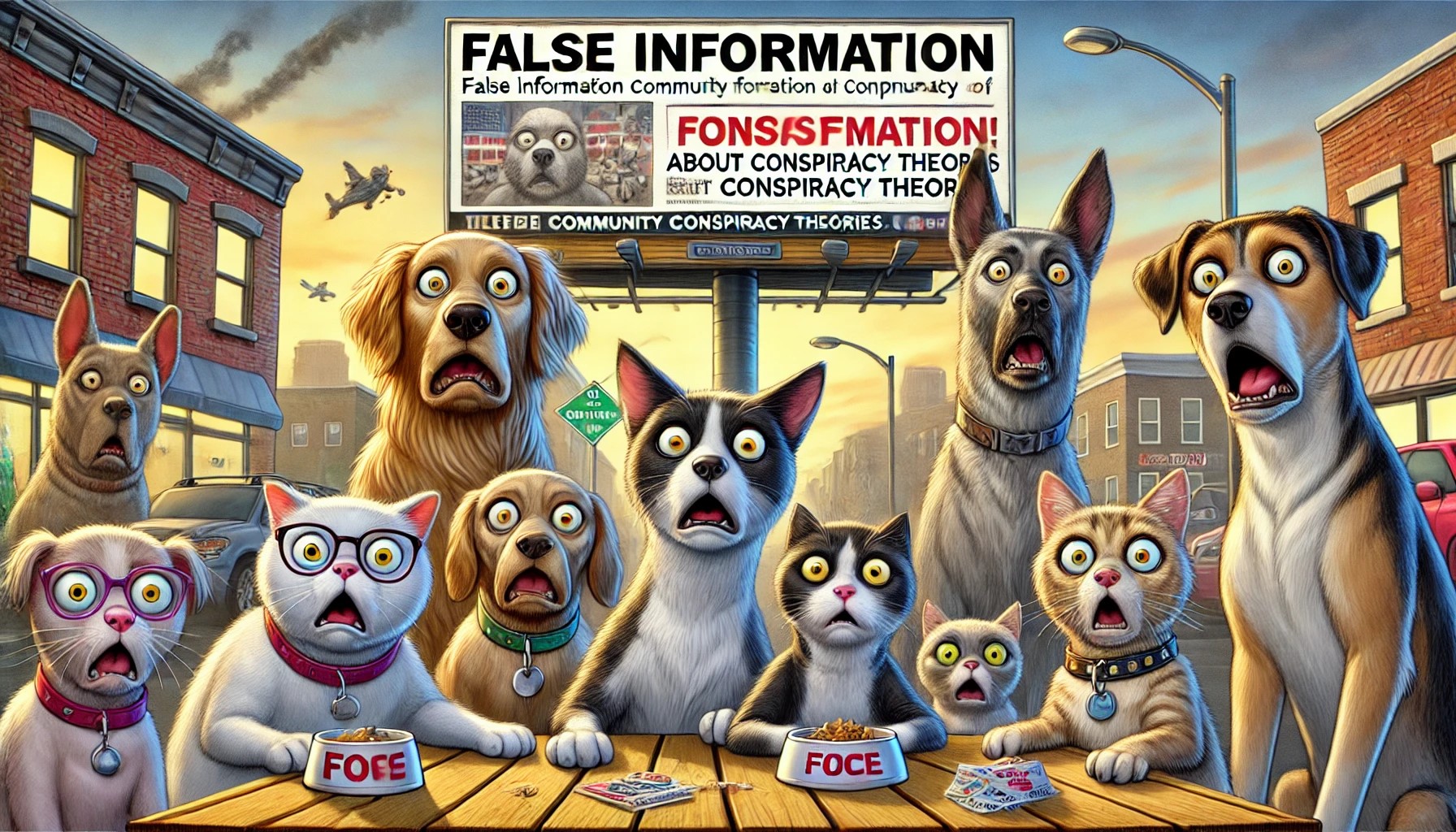 impact-of-misinformation-with-a-mix-of-scared-and-confused-dogs-and-cats-in-a-neighborhood-setting.-The-pets-look-