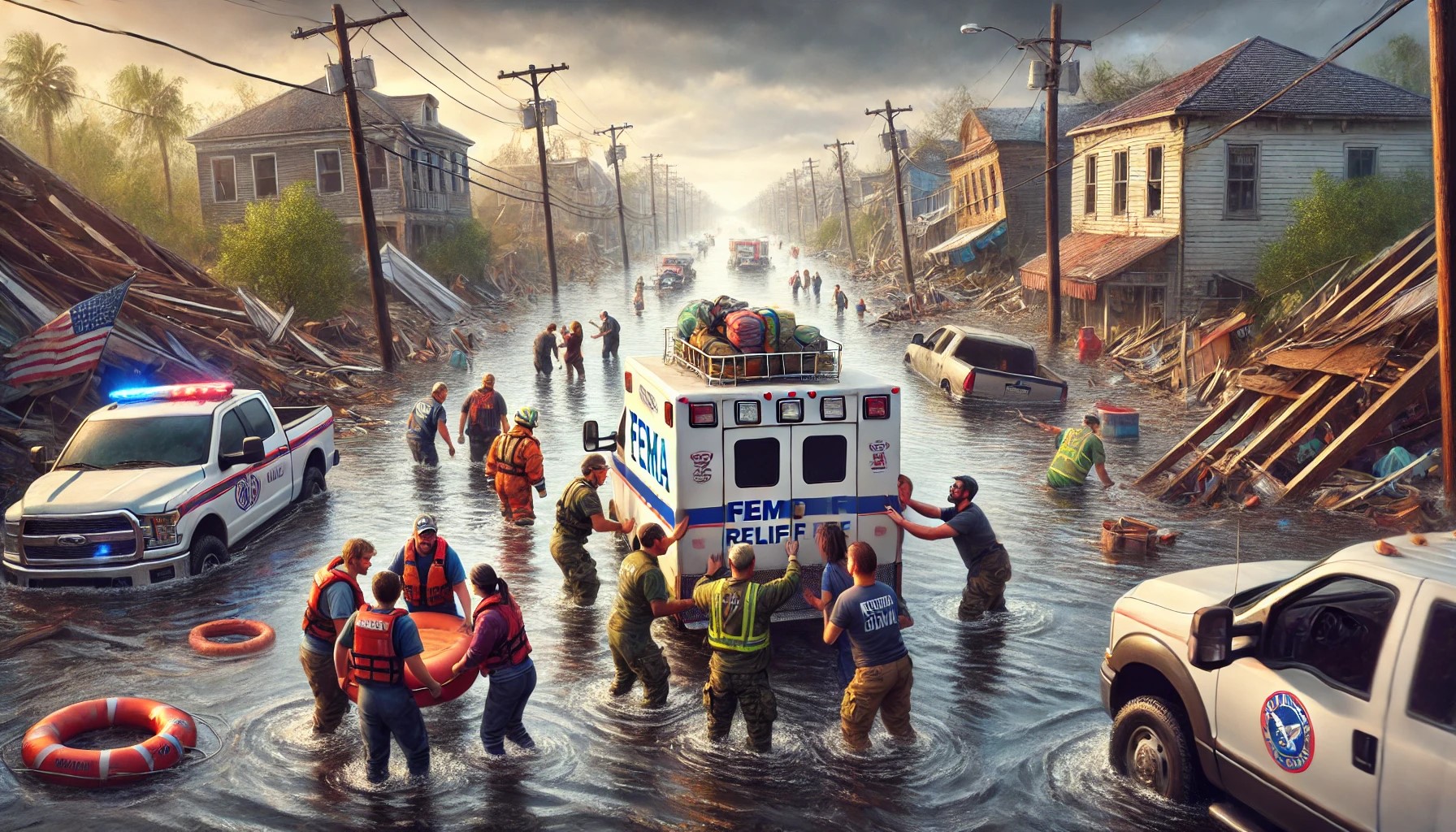 Hurricane Helene, with flooded streets, emergency personnel rescuing residents