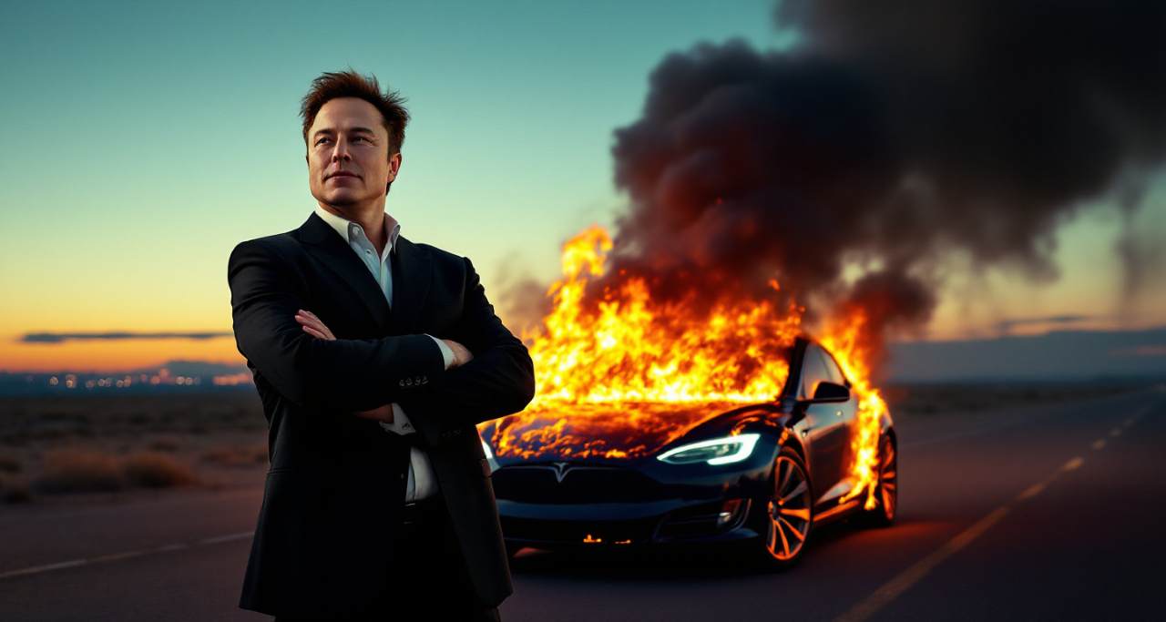 elon tesla on fire