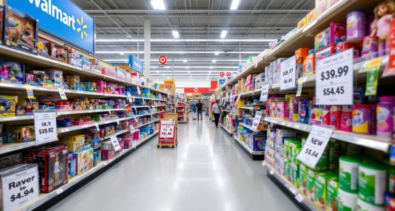 A high-end news photograph of a Walmart and Target store aisle, shelves lined with toys and household goods, with prominent price tags showing recent increases. The focus is on the products and price tags, with a sense of everyday American retail life. No people in the image. The lighting is bright and neutral, evoking a typical big-box store environment.
