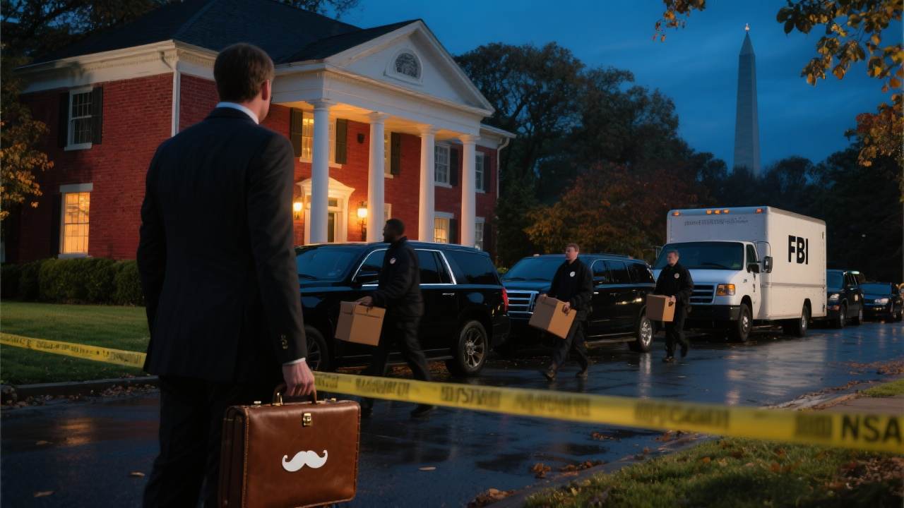 brick suburban home in Bethesda with soft porch lights, unmarked government SUVs and a discreet FBI evidence truck