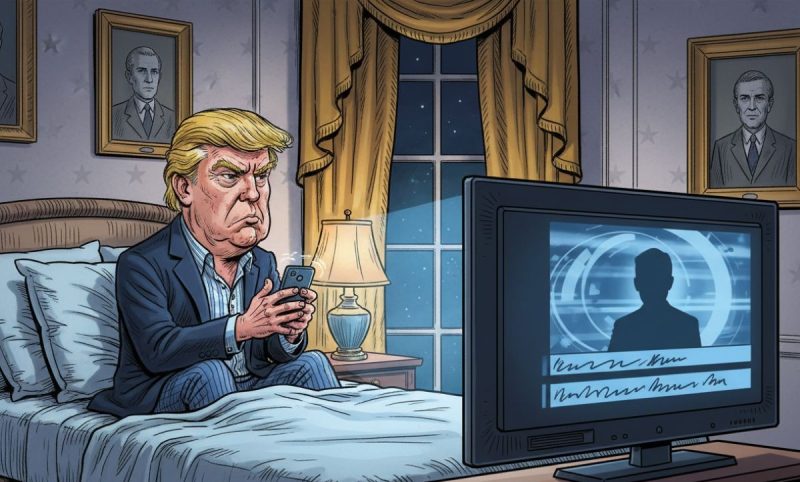 Poltical cartoon of Trump in the White house bedroom tweeting while watching a big screen tv