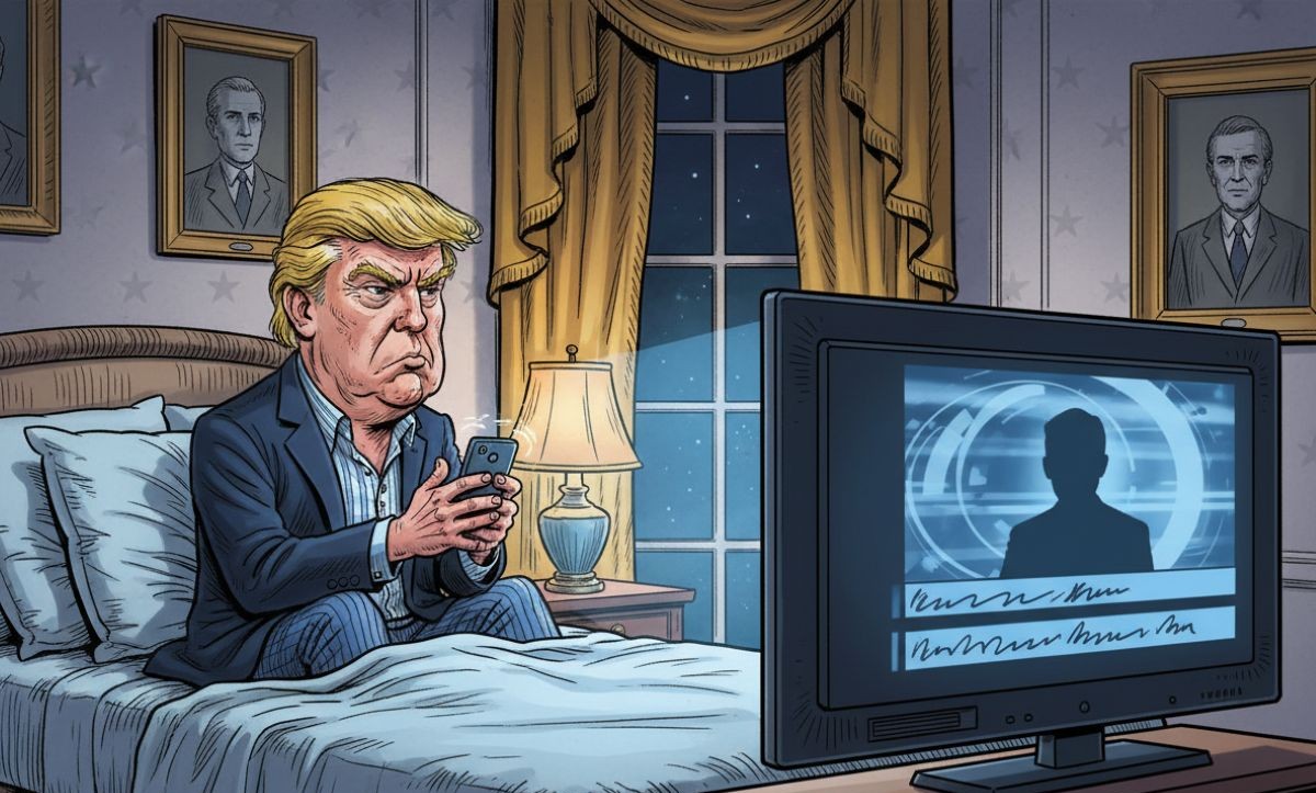 Poltical cartoon of Trump in the White house bedroom tweeting while watching a big screen tv