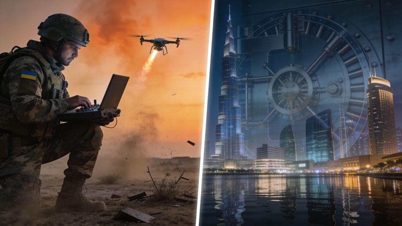 Ukrainian soldier in military gear operating a laptop-based drone control system in a dusty, war-torn field at dusk